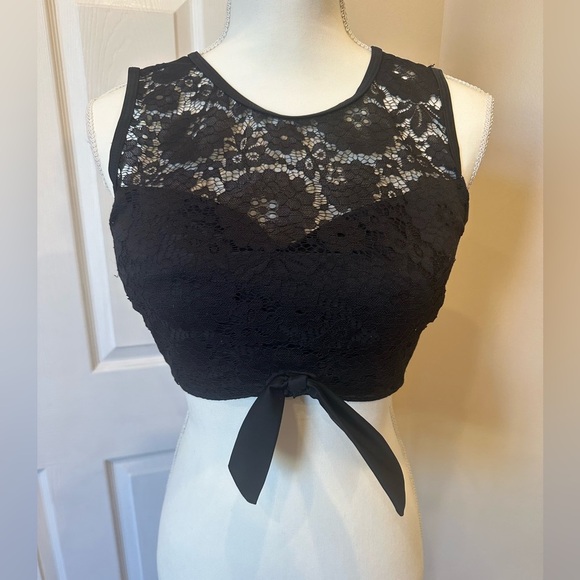 Black Lace Tie-Front Sheer Crop Bikini Swim Top Size Small - Picture 2 of 5